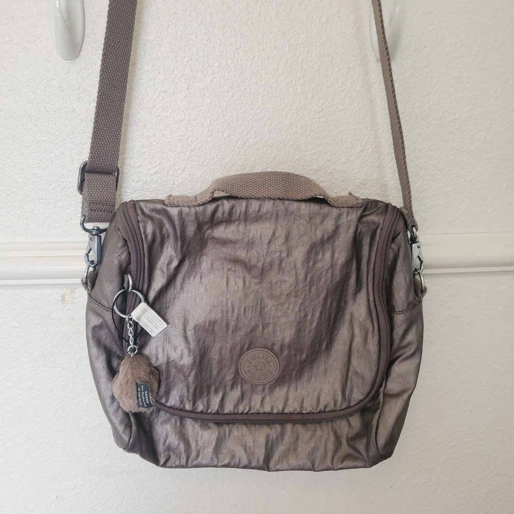 Kipling Nasira Metallic Bronze Crinkle Nylon Crossbody Bag with Monkey Keychain